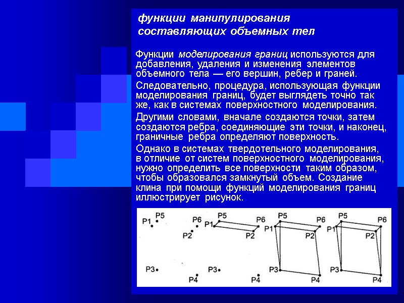 функции манипулирования составляющих объемных тел Функции моделирования границ используются для добавления, удаления и изменения